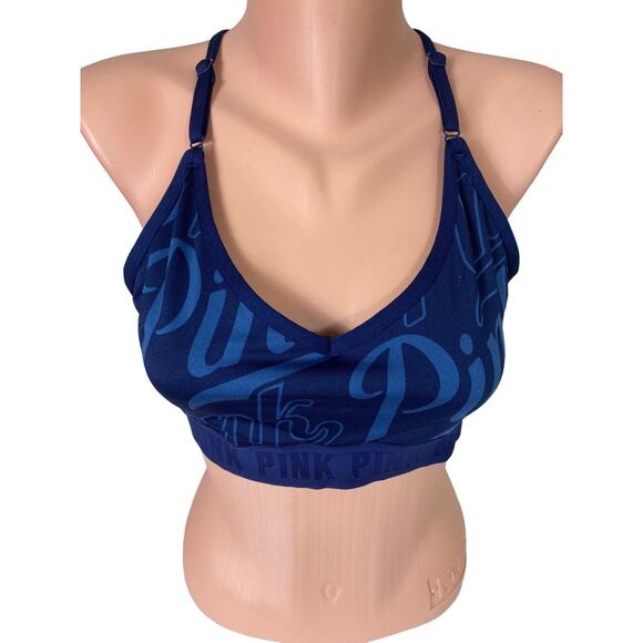 Victoria's Secret PINK Sport Bra Sz L Blue Strappy Back V-Neck - Picture 5 of 6